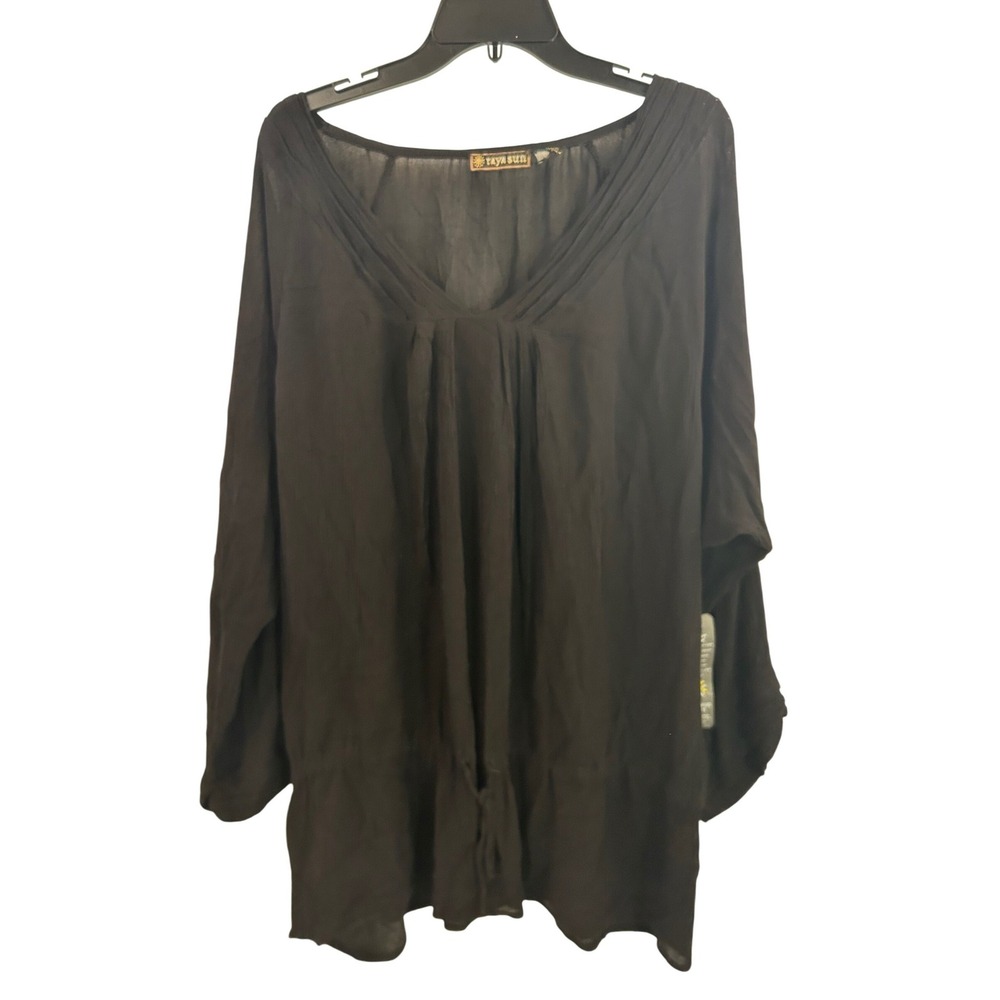 Raya Sun Tunic Top 1X Black V-Neck Pleated Gauze Blouse Womens